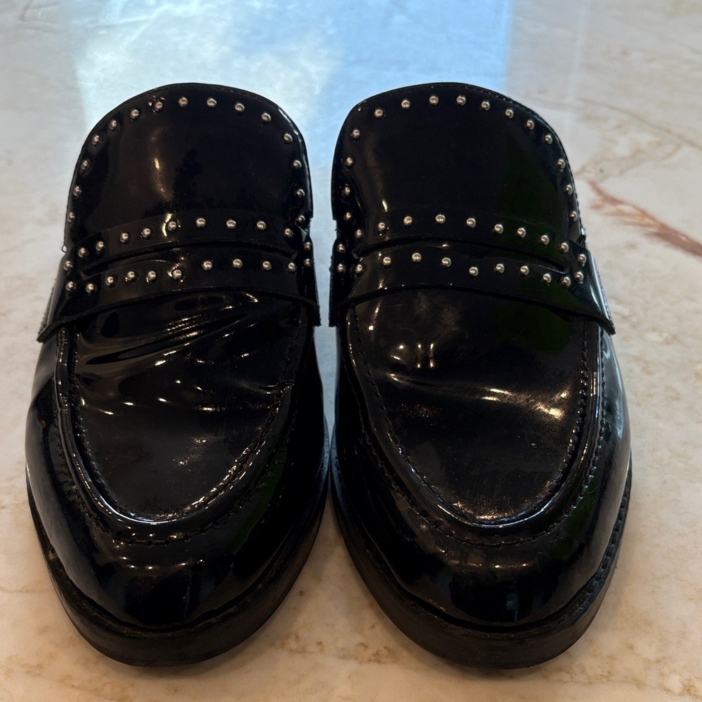 Marc Fisher Glossy Leather Upper Black Studded Slides